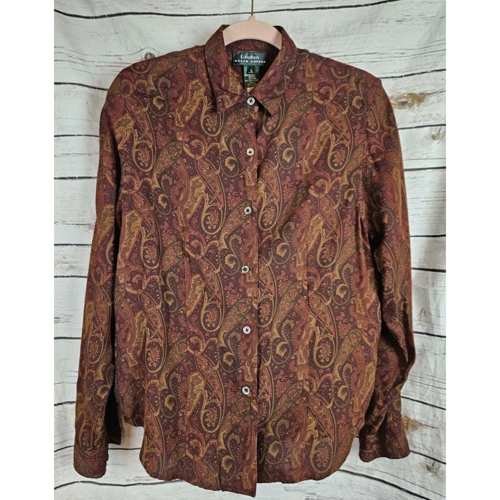 Lauren Ralph Lauren Brown Paisley Print Blouse L Button Up Rayon Wool Blend